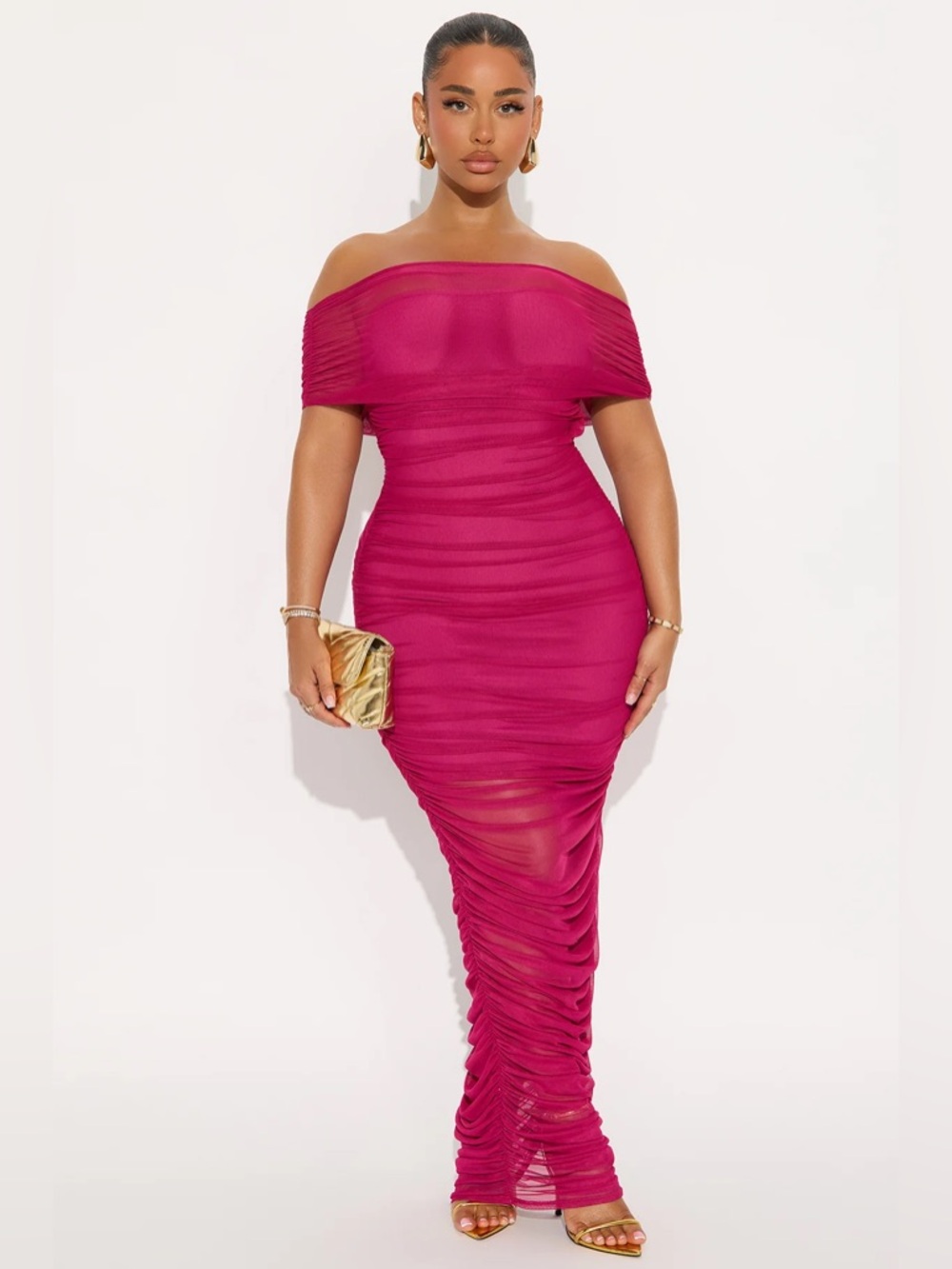 🌺💖🌸Off-Shoulder Fuchsia Ruched Bodycon Dress - Picture 2 of 3